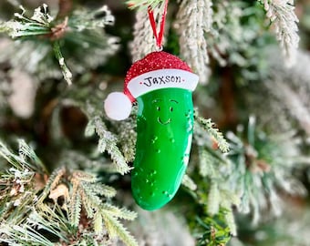 Personalized Christmas Pickle Ornament | Santa Hat Holiday Keepsake & Fun Tradition Gift