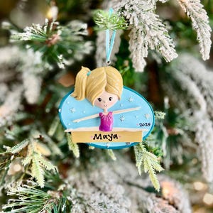Personalized Gymnastic Girl Christmas Ornament | Rhinestone Purple Leotard | Little Gymnast