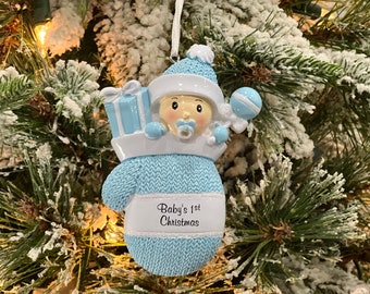 Baby’s First Christmas Ornament Personalized | Newborn Baby Boy Gift | Custom Christmas Gift | Blue Mitten Ornament | Baby Shower Gift