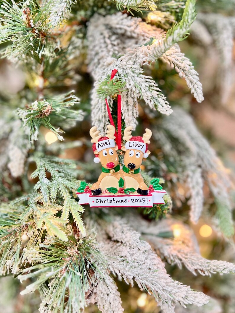May include: A Christmas ornament featuring two reindeer with the names "Axel" and "Libby" on their hats. The reindeer are wearing green scarves and are sitting on a bed of holly. The ornament has a banner that reads "Christmas 2025!"