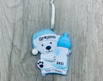 Baby’s First Christmas Ornament Personalized | Custom Newborn Baby Boy Gift | Blue Baby Bottle Ornament | Teddy Bear Baby Shower Gift