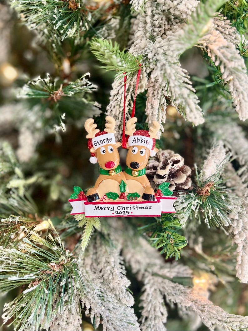 May include: A Christmas ornament featuring two reindeer wearing Santa hats with the names "George" and "Abbie". The ornament has a banner that reads "Merry Christmas 2025" and is decorated with red berries and green leaves.