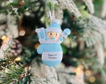 Personalized Baby's First Christmas Ornament | Blue Mitten Gift
