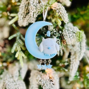 Baby&#39;s First Christmas Ornament | Personalized Sleeping Owl Moon & Stars | Owl Theme