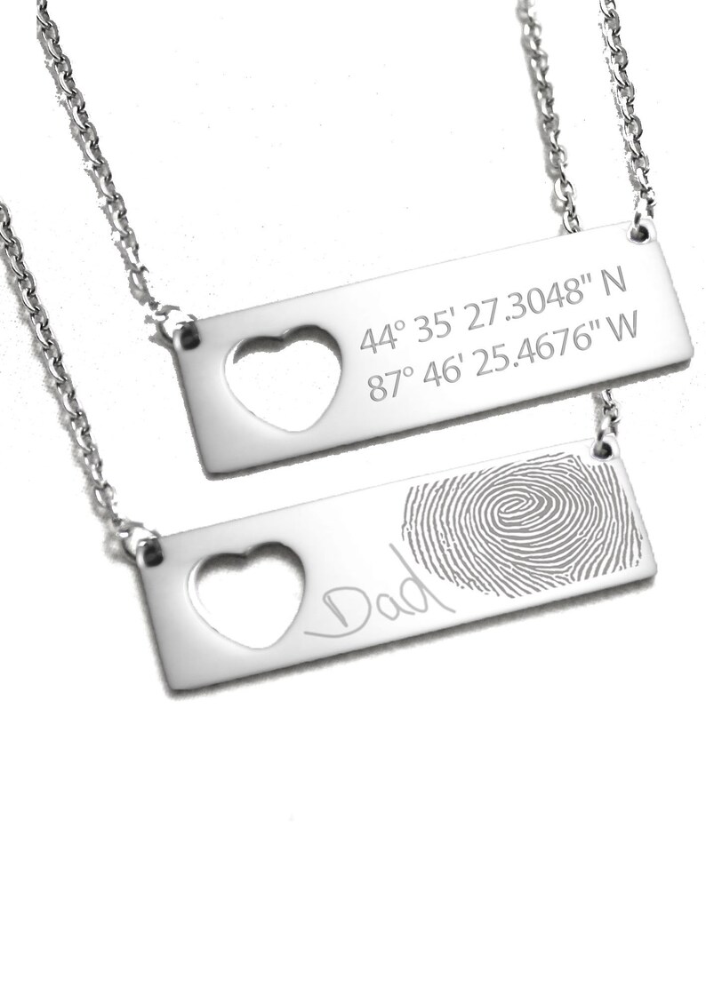 Fingerprint Necklace Heart Necklace Bar Necklace Custom Engraved Heart Cut-Out Engraved Pendant Coordinate Pendant Memorial Pendant