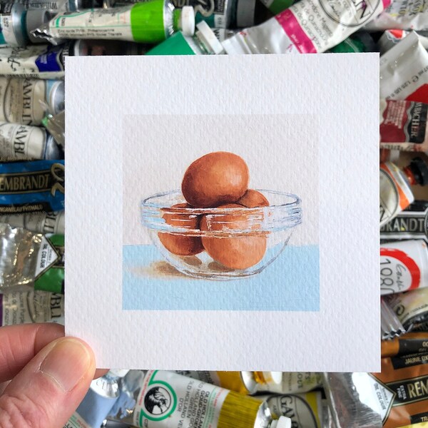 Brown Eggs in a Bowl Miniature Art Print 4x4, Small Kitchen Art