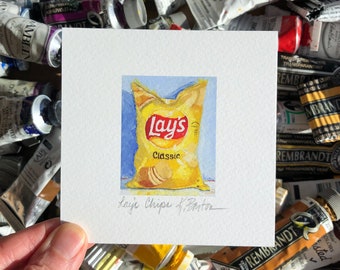 Potato Chip Bag Miniature Print 4x4, Unique Kitchen Food Art Print, Junk Food Small Wall Art, Foodie Gift