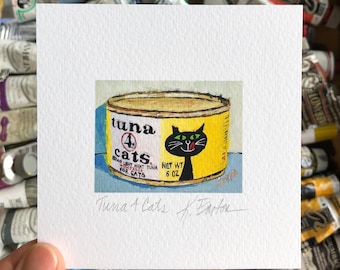 Tuna 4 Cats Miniature Fine Art Print, 4x4, Black Cat Art, Vintage Cat Food Can Art, Mid Century, Cat Lover Gift, Cat Pop Art, Food Art