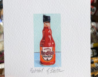 Frank's Red Hot Sauce Bottle Still Life Small Fine Art Print, 4x4, Unique Kitchen Art, Kitchen Pop Art, Hot Sauce Lover Gift Food Wall Decor