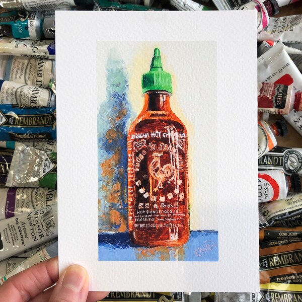 Sriracha Hot Sauce Bottle Art Print 5x7, Unique Small Kitchen wall Art