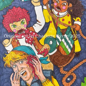 May include: A colorful illustration featuring three figures and a duck. One figure holds a pencil, another swings on a rope, and a third is injured. The duck has a green and white striped wing. The text "Original art (c) Charlotte Byrne 2025" is visible.