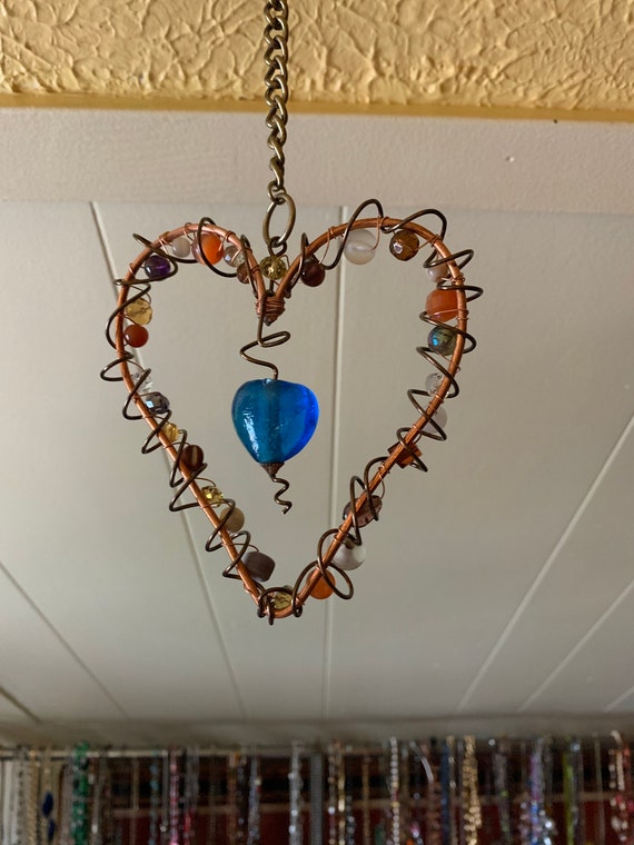 Heart shaped Suncatcher Dreamcatcher crystal beaded Window garden decoration Handmade wire-wrapped
