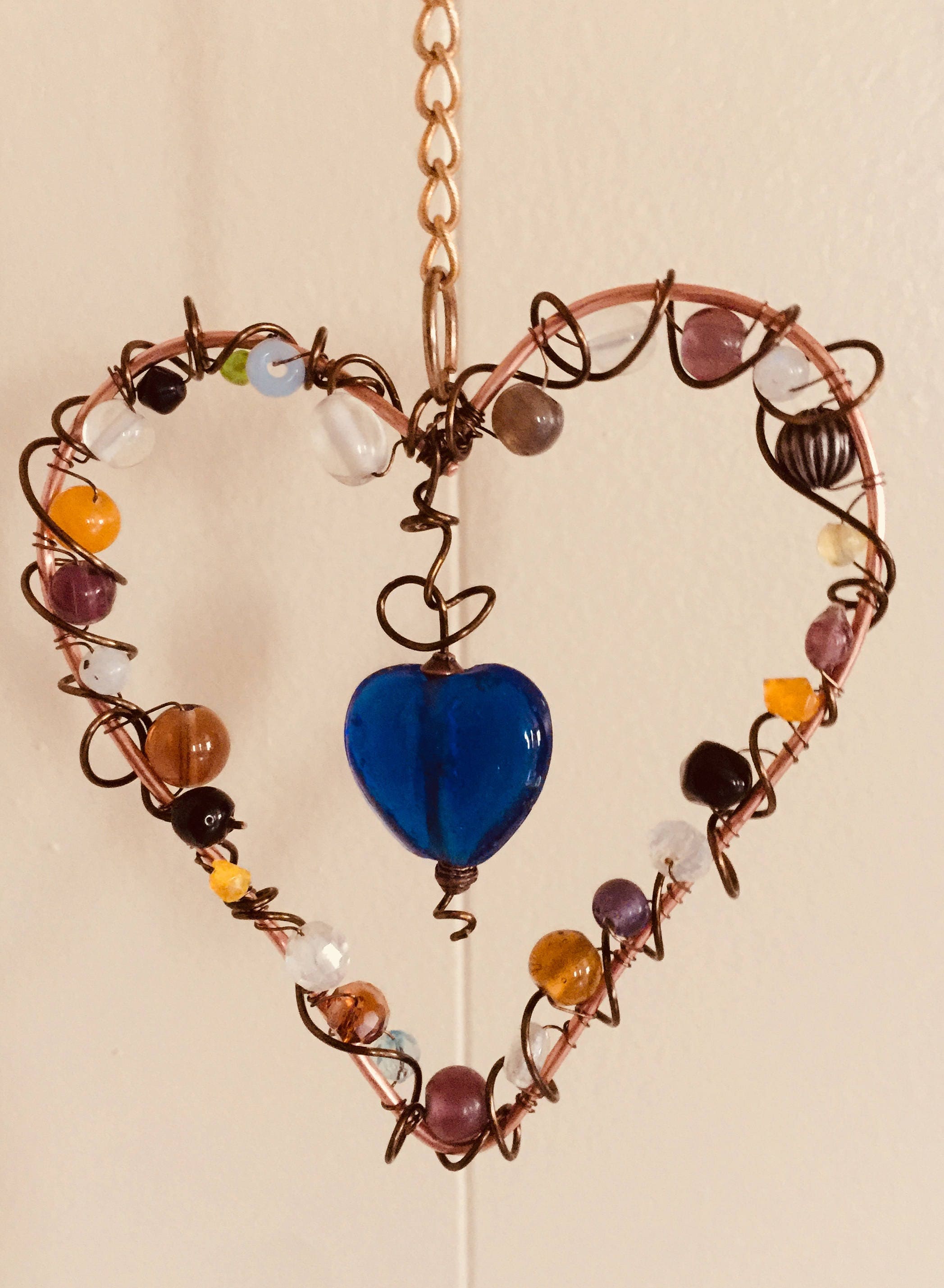 Heart shaped Suncatcher Dreamcatcher crystal beaded Window garden decoration Handmade wire-wrapped