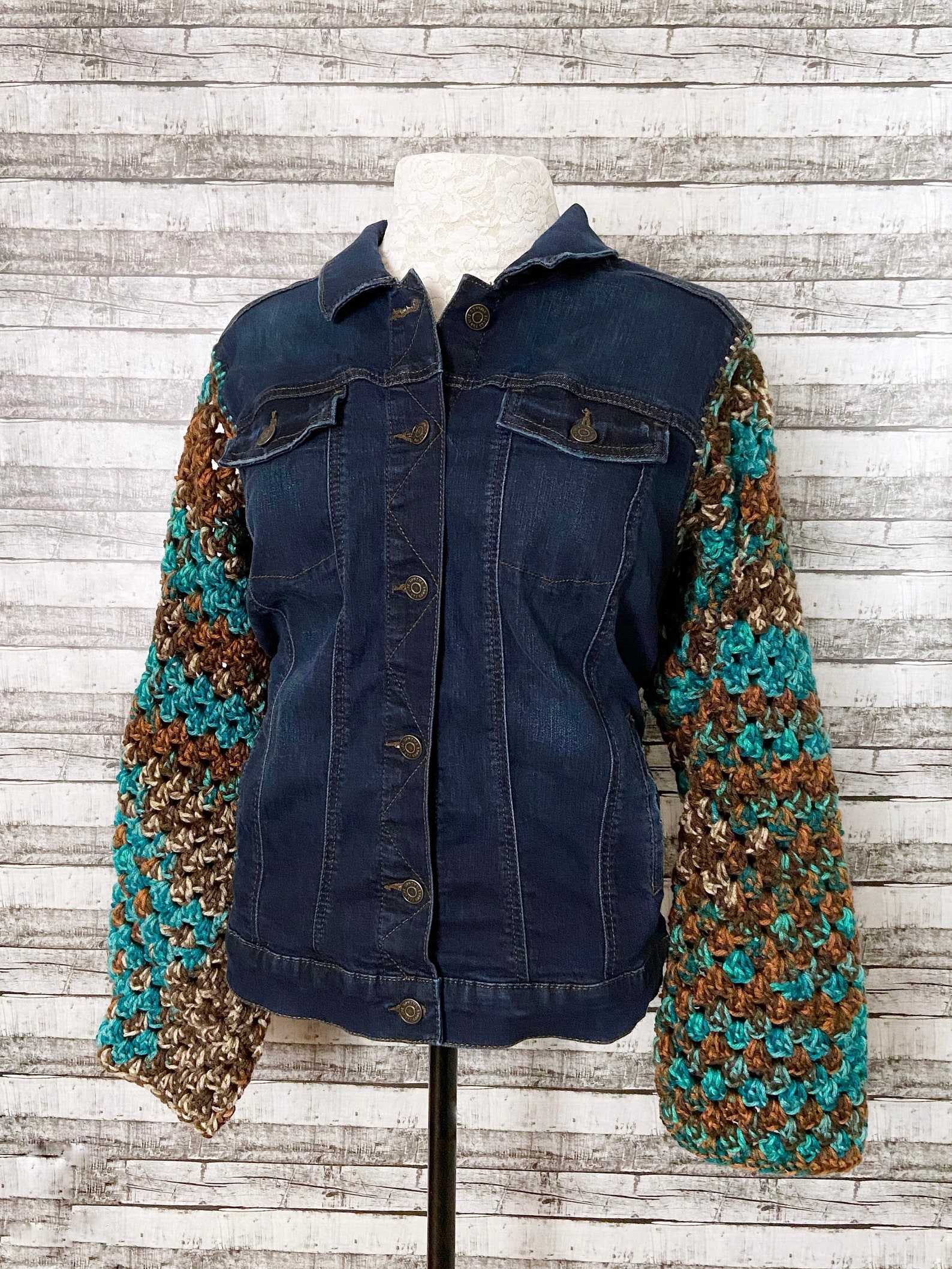 Upcycled denim jacket / crochet flare sleeve jacket | Etsy
