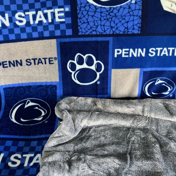 Handmade Penn State Plush Fleece Blanket with Cozy Gray Plush Backing, College Football Blanket Gift for Him, for Her