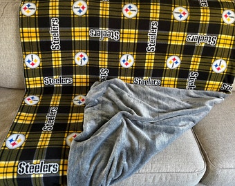 Handmade Pittsburgh Steelers Plaid Fleece Blanket Throw: Plush Gray Backing