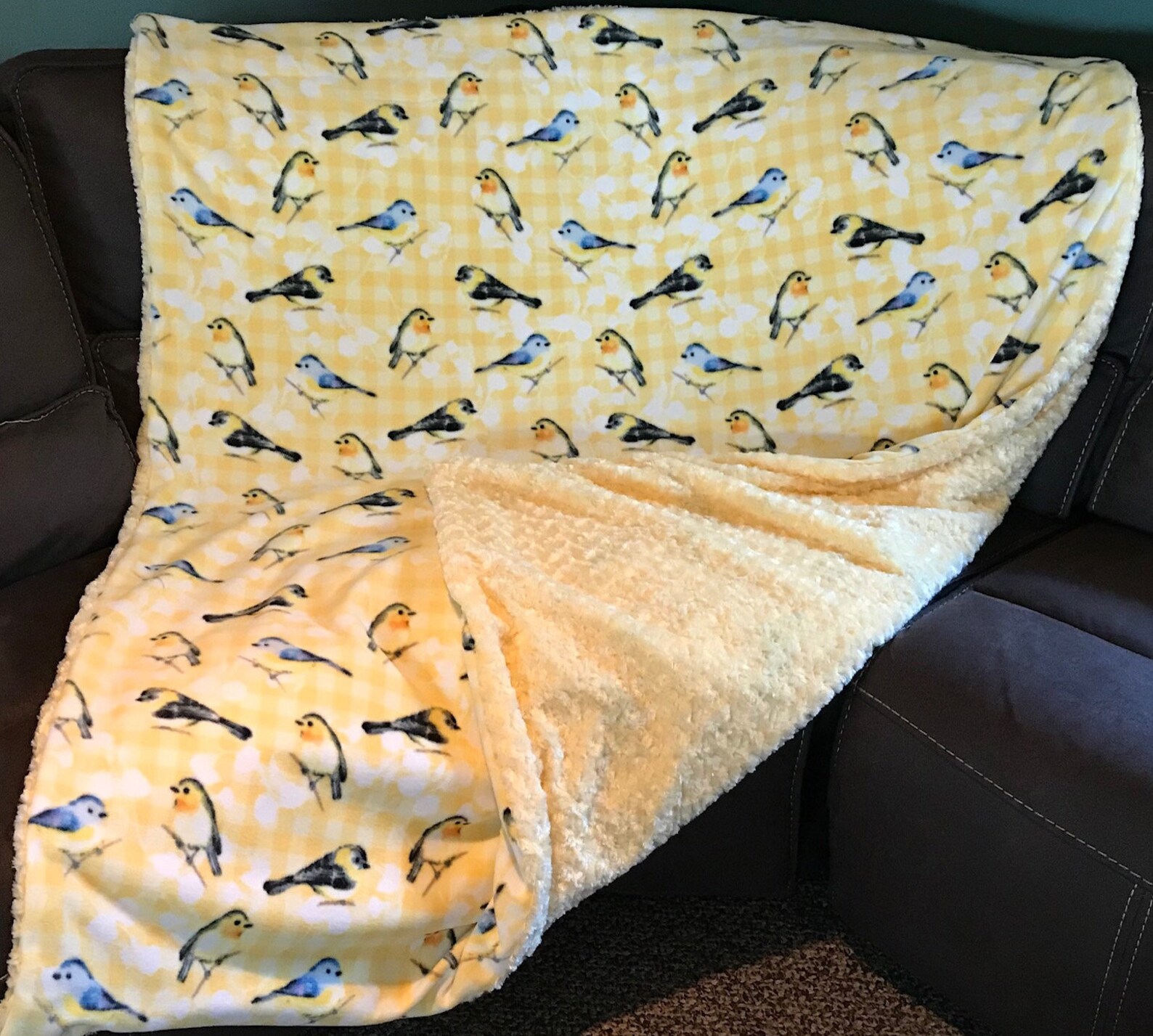 Bird Blanket Birds Plush Fleece Fabric w/ Faux Fur Yellow Etsy