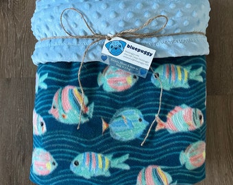 Tropical Colorful Rainbow Striped Fish Fleece Blanket with Blue Minky Dot Trim and Backing, Fish Gift for Him for Her