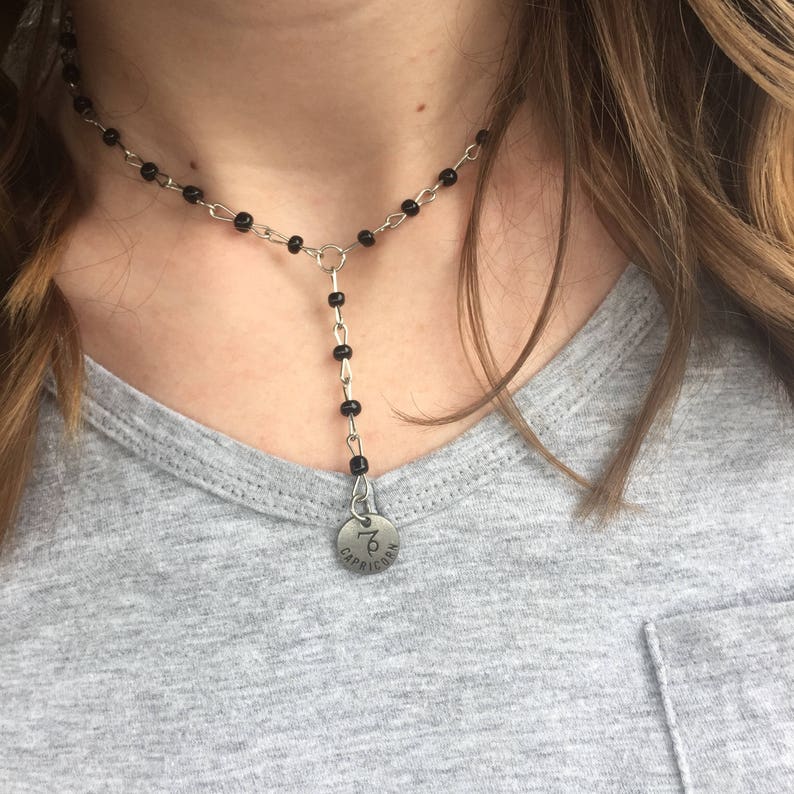 Zodiac Drop Choker Lariat Y Necklace Black or White Rosary Etsy