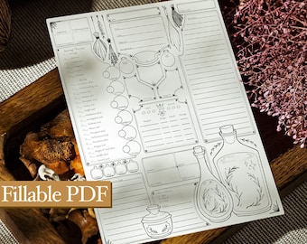 May include: A printable character sheet for a tabletop role-playing game. The sheet is designed with a botanical theme and features illustrations of herbs and bottles. The sheet includes sections for character name, class, background, skills, saving throws, and more.