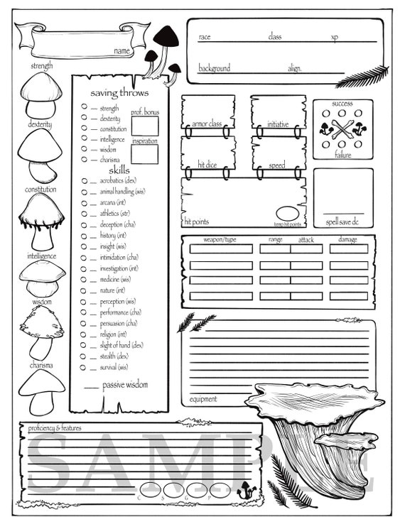 Mushrooms Dungeons And Dragons Character Sheet Dnd 5e Etsy