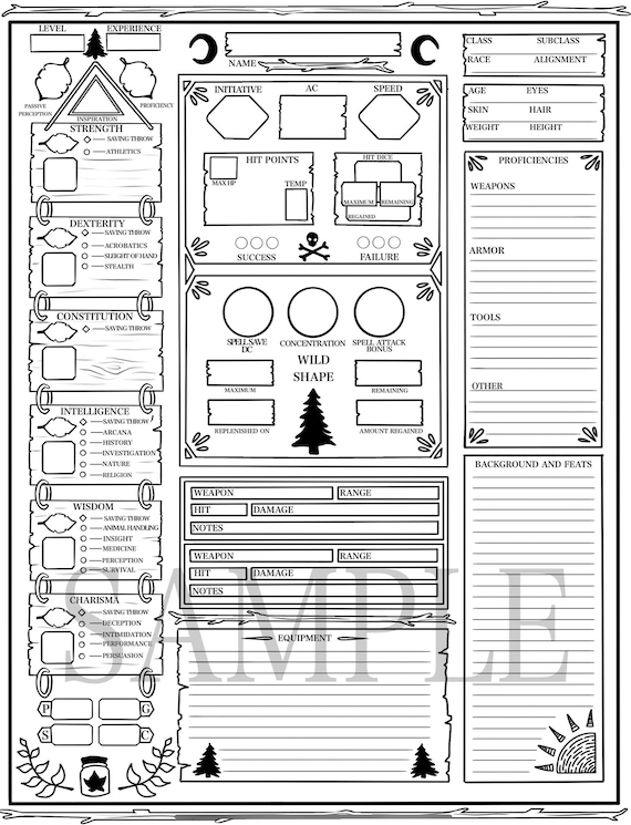 Druid Character Sheet Dnd 5e Downloadable Sheets Dnd Etsy