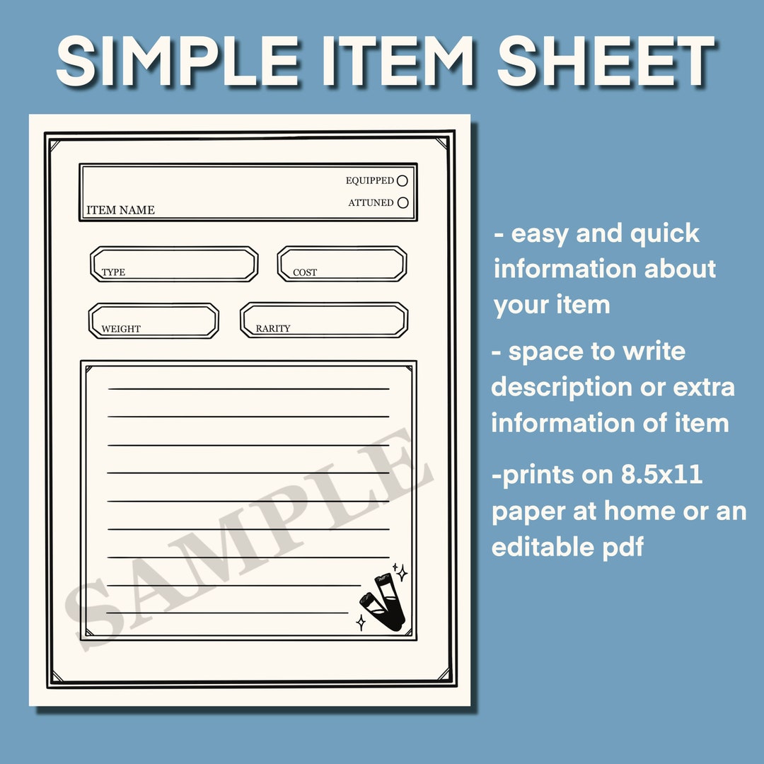 Simple Item Sheet // DND Inventory Sheet 5e // Dungeons and Dragons ...