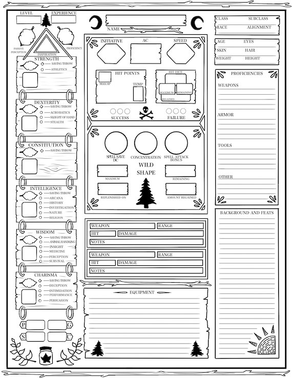 Druid Character Sheet Dnd 5e Downloadable Sheets Dnd Etsy New Zealand