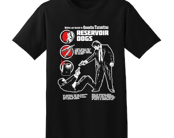 May include: Black t-shirt with a graphic design from the film "Reservoir Dogs." The design includes illustrations of a razor, ear, and a gas can, along with text. The shirt also has the text "Written and directed by Quentin Tarantino."