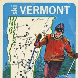 CLIpart de la postal de SKI VERMONT : descarga digital instantánea de esquí retro, mapa de Vermont, estación de esquí de Vermont imprimible retro