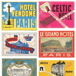 Hotel PARIS - Digital Download, Printable Collage Sheet - Collection of Vintage French hotel luggage labels, france travel retro