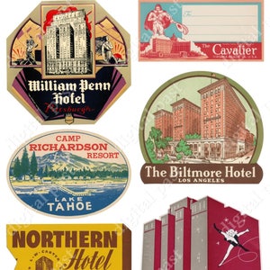 HOTEL AMERICANA Etichette per bagagli vintage degli Stati Uniti - Foglio collage stampabile, Download digitale - Hilton Hotel Chicago Los Angeles Pittsburgh