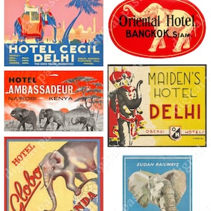 ELEPHANT HOTEL Etiquetas de equipaje - Descarga de hojas de collage imprimibles - Colección de 6 etiquetas de hoteles vintage - Delhi India, Bangkok Siam, Nairobi