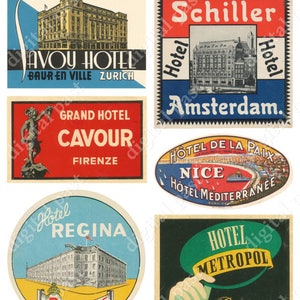 HOTEL EUROPA Bagagelabels collageblad DOWNLOAD. 6 vintage hotelreislabels uit heel Europa. zurich amsterdam boedapest mooi frankrijk
