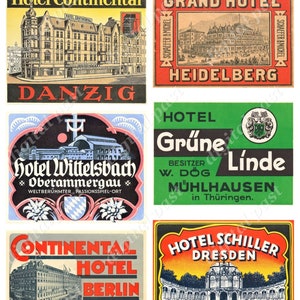 HOTEL GERMANY - Druckbare Collage Sheet Download - Sammlung von Vintage deutschen Hotel Gepäck Etiketten - Retro Koffer Kofferraum Etiketten Clip Art