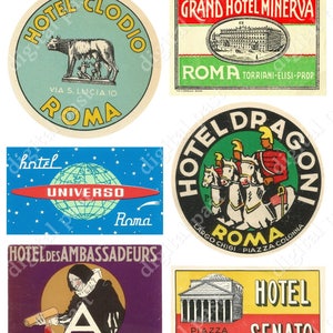 HOTEL ROMA, Rome Italy - Printable Collage Sheet Download - collection of vintage italian hotel luggage labels, travel stickers italia retro