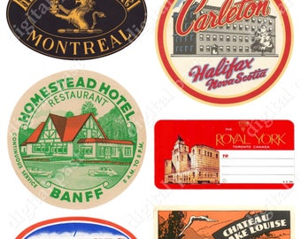 HOTEL CANADA - Digital Printable Collage Sheet instant download - Vintage Luggage Label Collection - Toronto Montreal travel hotel labels