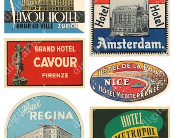 HOTEL EUROPA Arkusz kolażu etykiet bagażowych POBIERZ. 6 starych etykiet podróżnych z hoteli z całej Europy. Zurych Amsterdam Budapeszt Nicea Francja