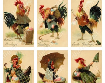 Ostern Digital Collage Sheet sofortiger Download, Set von 6 viktorianischen Hähnen & Hennen. ausdruckbare Geschenkanhänger Scrapbook Grußkarten