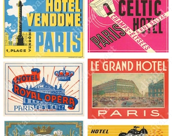 Hotel PARIS - Digital Download, Printable Collage Sheet - Collection of Vintage French hotel luggage labels, france travel retro