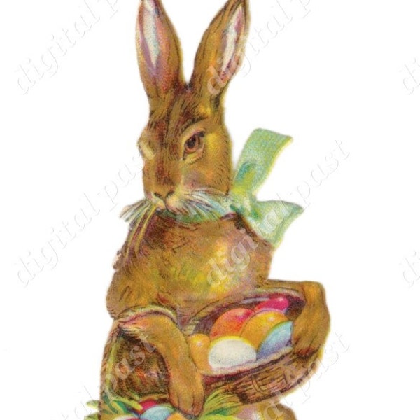 Easter Bunny die cut digital clip art - Victorian Illustration, Easter rabbit with easter basket & easter eggs - printable instant download