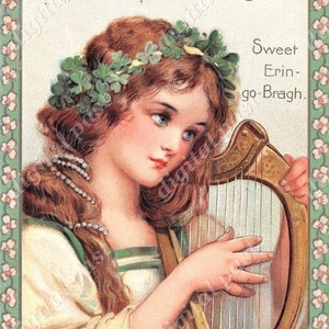 Cartão postal vintage do DIA DE SÃO PATRÍCIO - Cartão postal para impressão para download instantâneo - download do dia de São Patrício, harpa celta, mulher irlandesa art nouveau