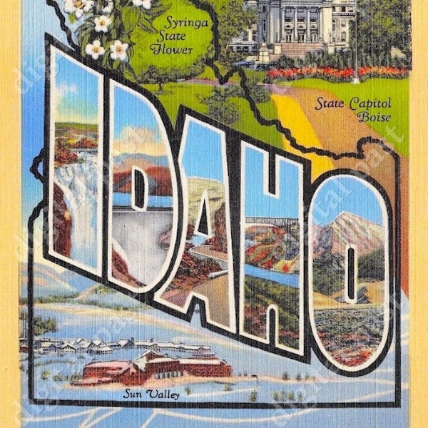 IDAHO Big Letters Vintage Postcard - INSTANT DOWNLOAD - retro postcard image art deco greetings from idaho syringa flower sun valley boise