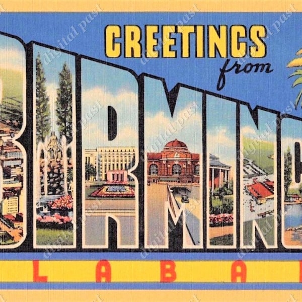 Greetings from BIRMINGHAM Alabama - vintage postcard clipart image - INSTANT DOWNLOAD - retro large letter postcard, printable postcard