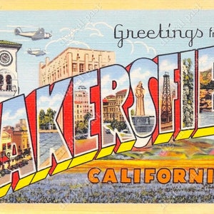 Saudações de Bakersfield Califórnia - imagem de clipart de cartão postal vintage - DOWNLOAD INSTANTÂNEO - cartão postal retrô com letras grandes, cartão postal para impressão