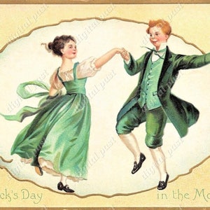 Cartão postal vintage do DIA DE SÃO PATRÍCIO - Cartão postal para impressão para download instantâneo - download do dia de São Patrício, casal dançando, dança irlandesa, efêmeras