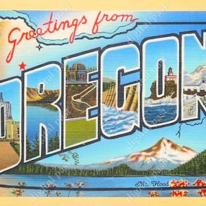 Cartão postal vintage com letras grandes de OREGON - DOWNLOAD INSTANTÂNEO - imagem de cartão postal retrô, art déco, saudações de oregon ou, lembrança de viagem, clipart