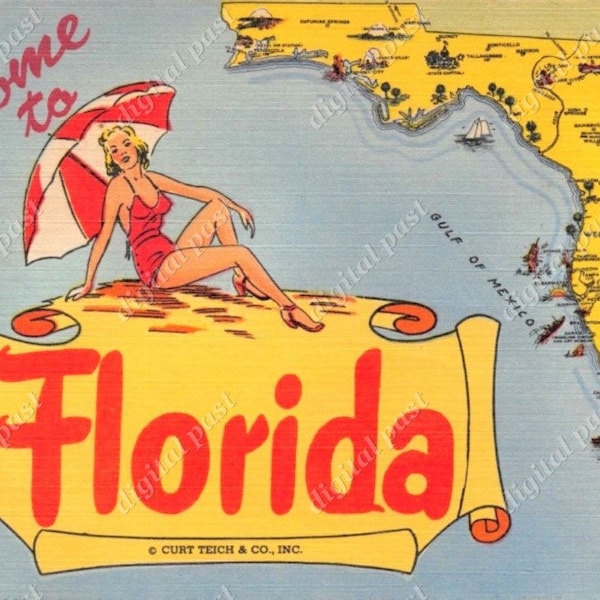 Come To Florida vintage printable postcard ~ DIGITAL DOWNLOAD ~ 1940s bathing beauty, florida map, florida beach clipart