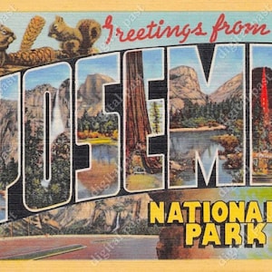 Grüße von Yosemite Nationalpark Postkarte ClipArt - INSTANT DOWNLOAD - Vintage großen Buchstaben Postkarte, druckbare Postkarte, Eichhörnchen Kunst