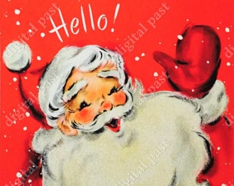 May include: Vintage illustration of Santa Claus with a white beard, red gloves, and a red suit, holding a small stick with bells. The word "Hello!" is written in white. The background is red with white dots.